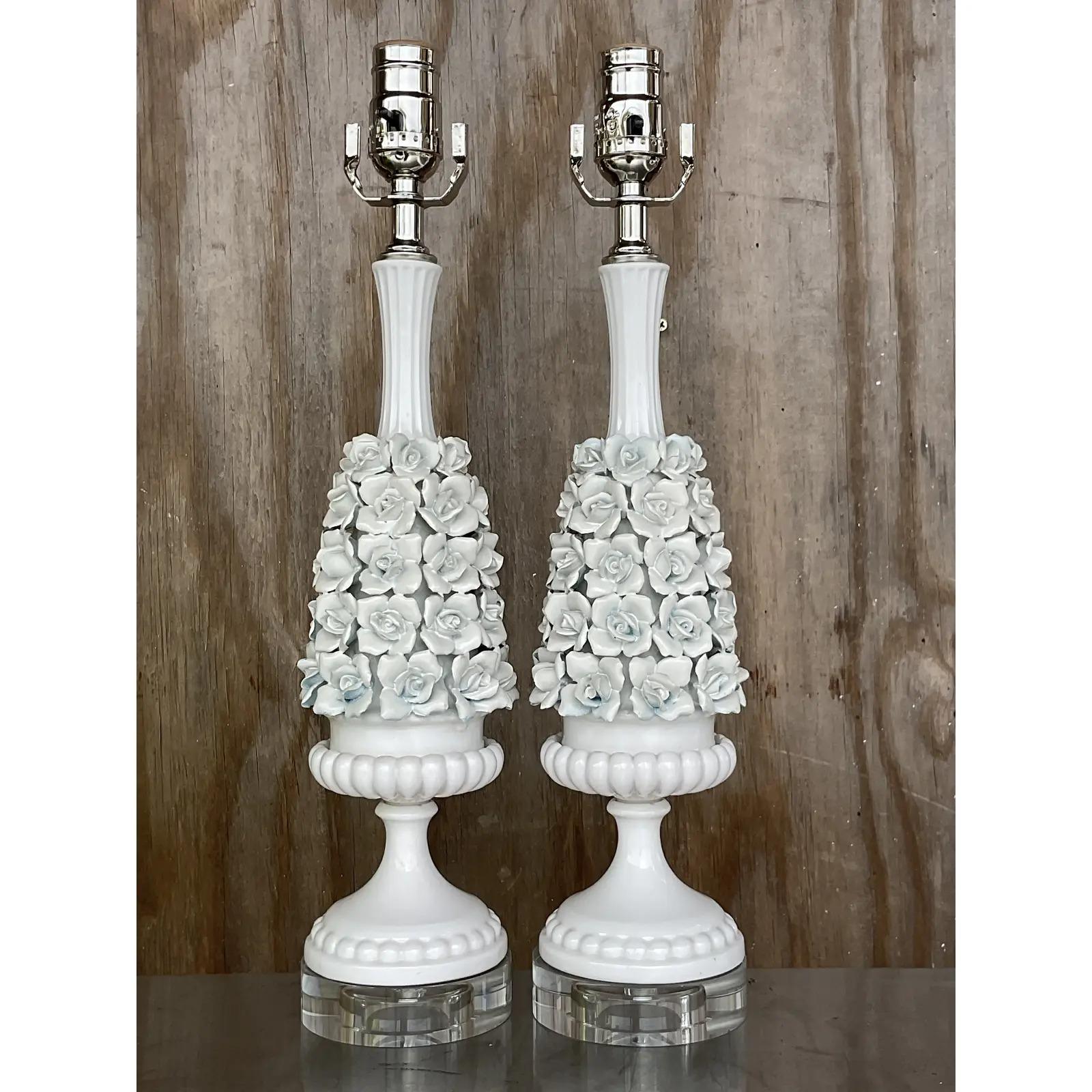 Vintage Regency Porcelain Roses Lamps, a Pair In Good Condition In west palm beach, FL