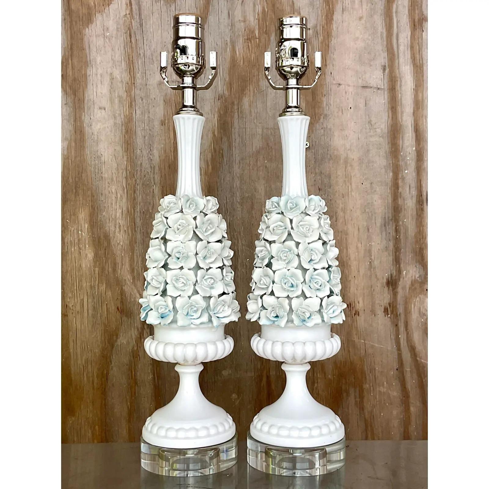 Crystal Vintage Regency Porcelain Roses Lamps, a Pair