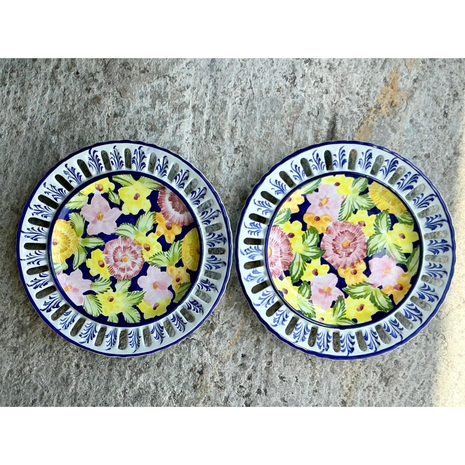 Vintage Regency Portuguese Floral Ceramic Plates - Set of 2 In Good Condition For Sale In West Palm Beach, FL