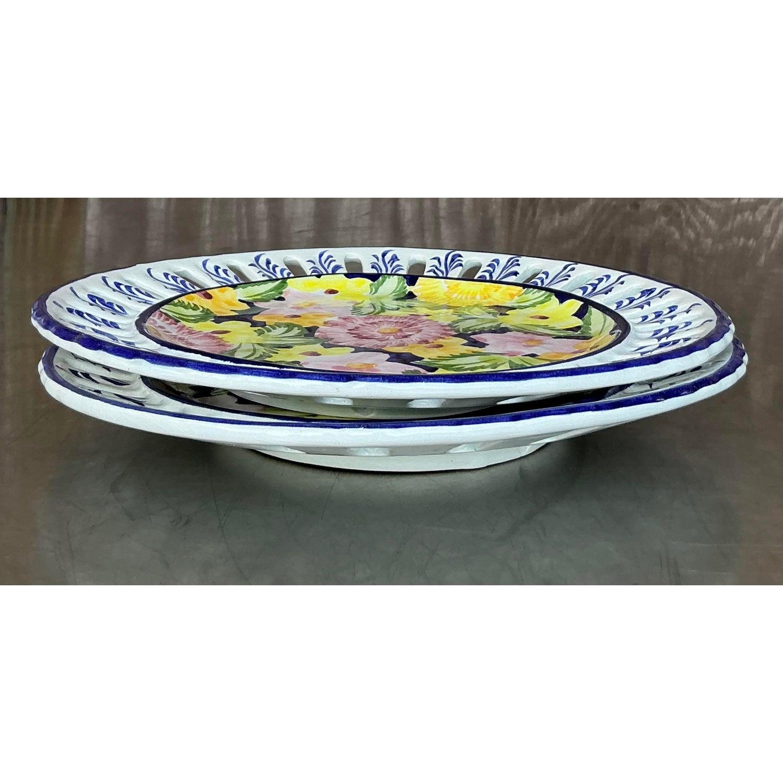 20th Century Vintage Regency Portuguese Floral Ceramic Plates - Set of 2 For Sale