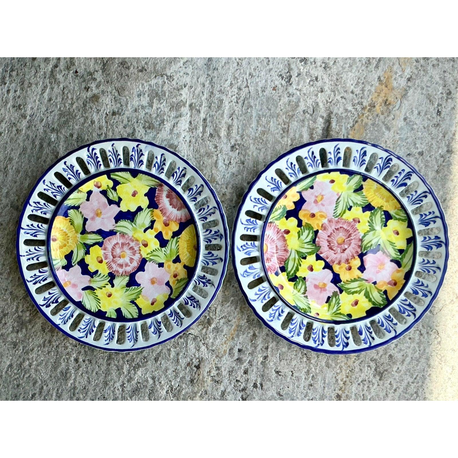 Vintage Regency Portuguese Floral Ceramic Plates - Set of 2 For Sale 1