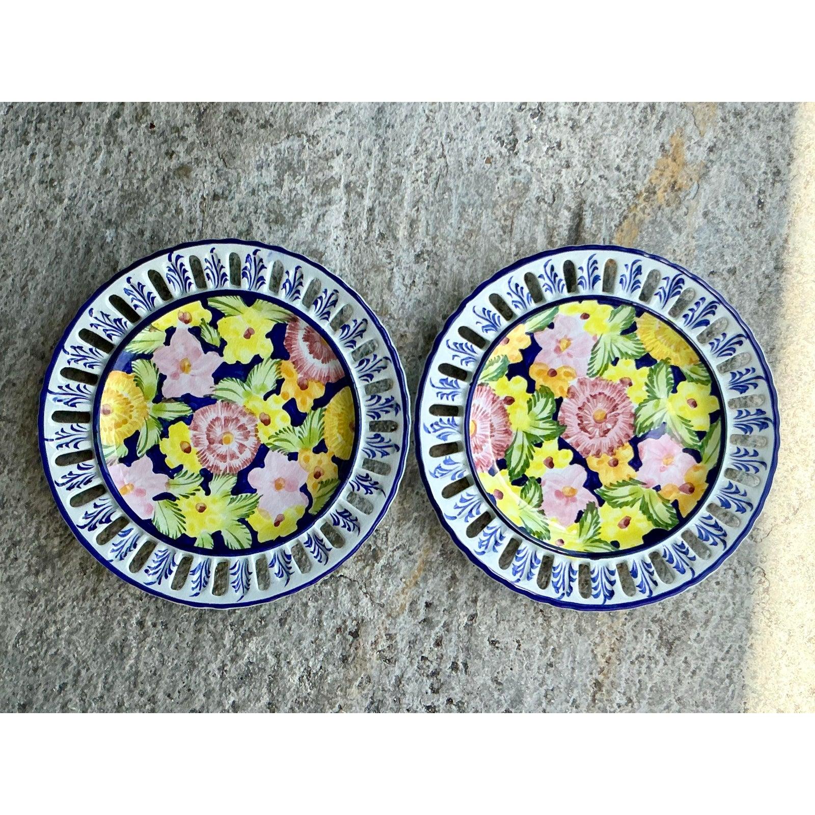 Vintage Regency Portuguese Floral Ceramic Plates - Set of 2 For Sale 4