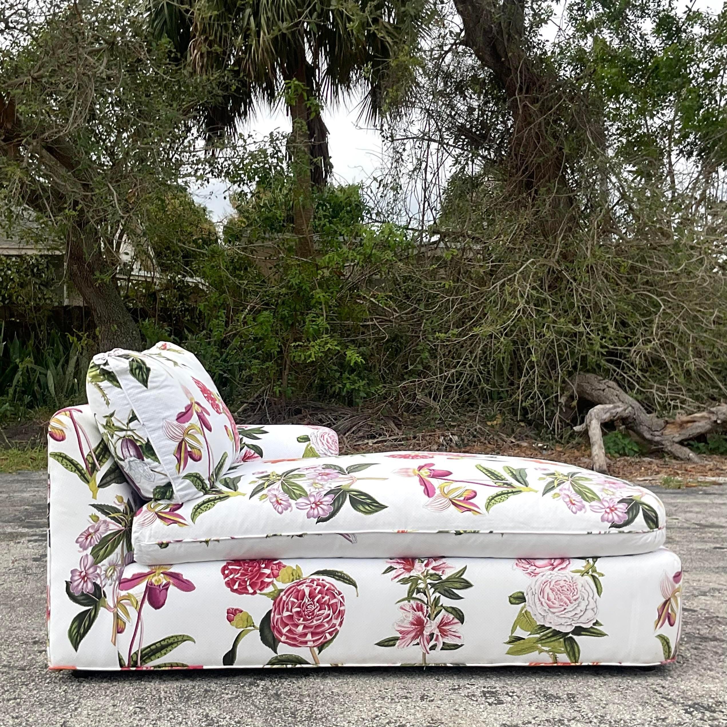 Vintage Regency Printed Floral Down Chaise Lounge In Good Condition In west palm beach, FL