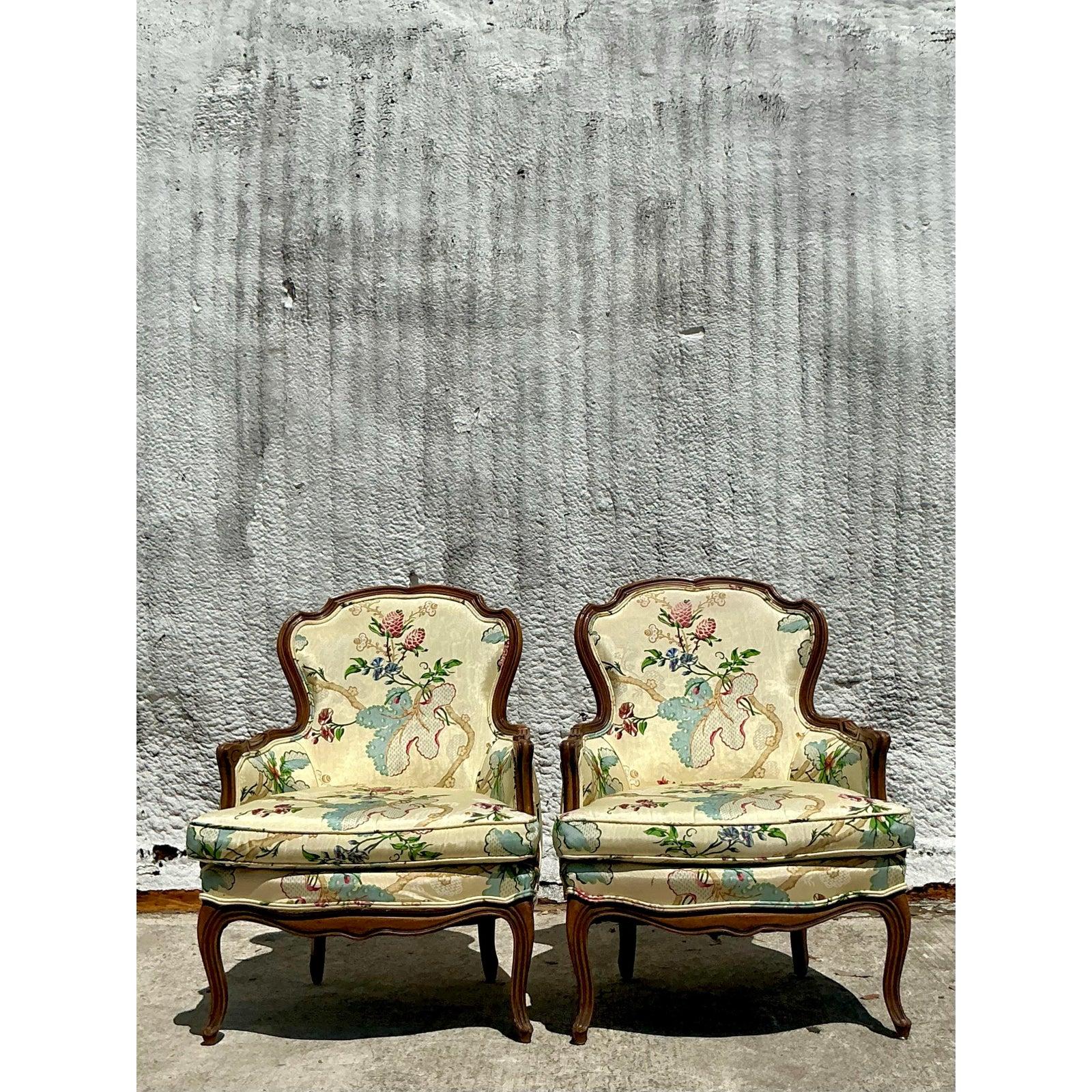 Americano Sedie bergere in seta stampata della Reggenza d'epoca - una coppia in vendita