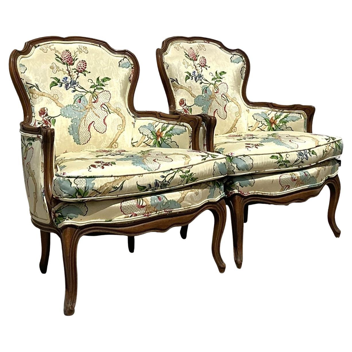 Vintage Regency Printed Silk Bergere Chairs - A Pair