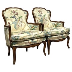 Vintage Regency Printed Silk Bergere Chairs - A Pair
