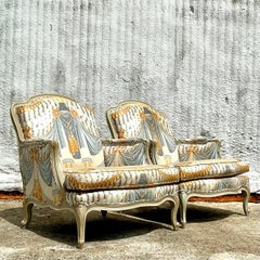 Paire de chaises Bergere Vintage Regency imprimées à houppes