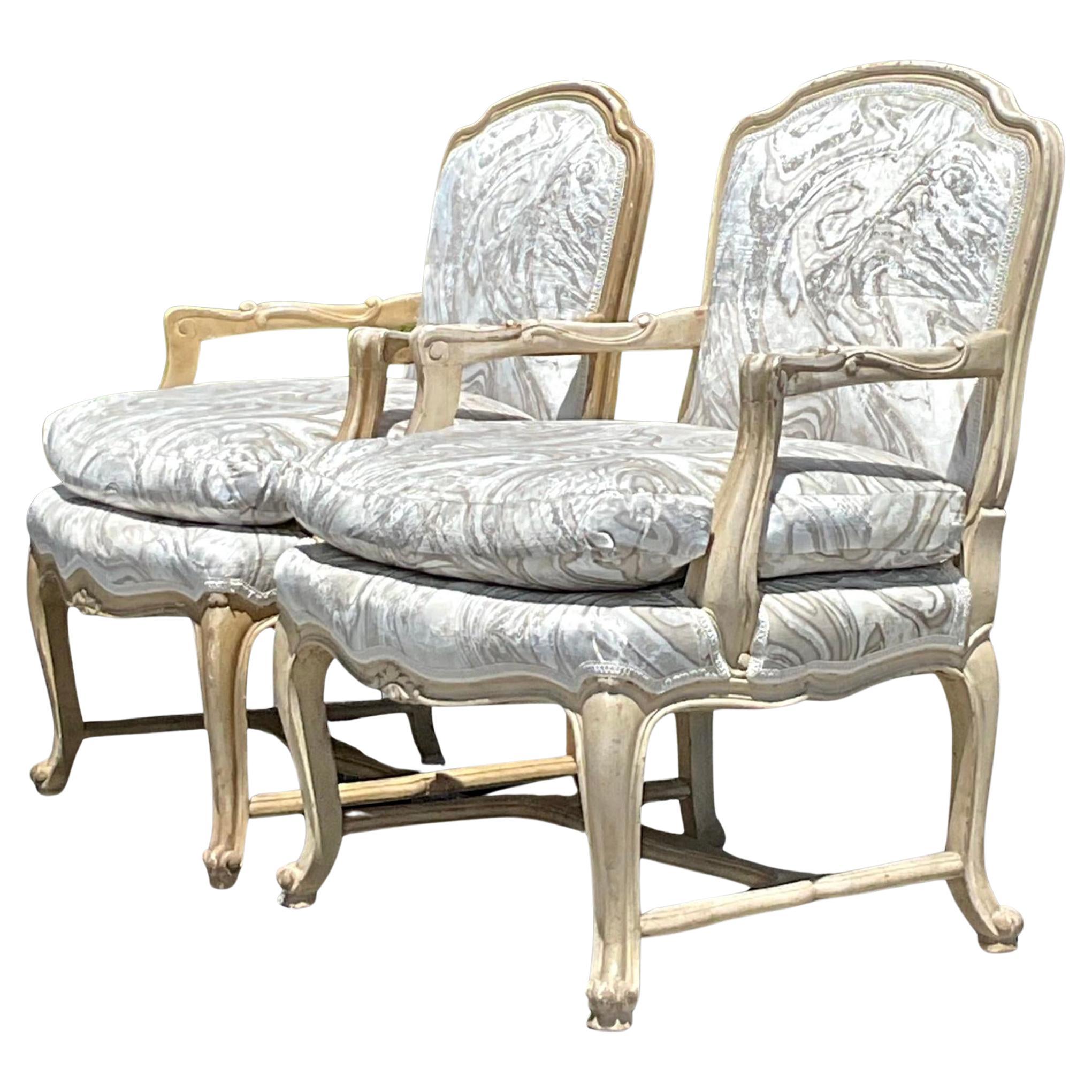 Vintage Regency Printed Swirl Bergere Chairs - a Pair