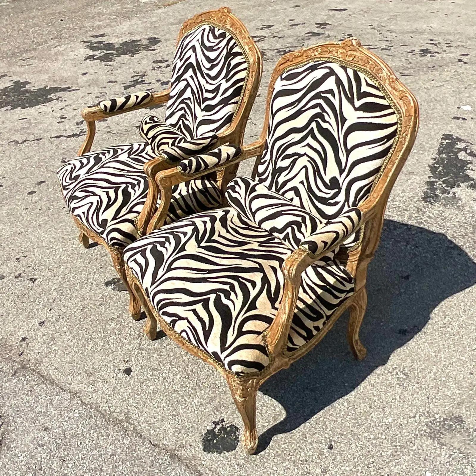 Vintage Regency Printed Zebra Bergere Chairs, a Pair 3