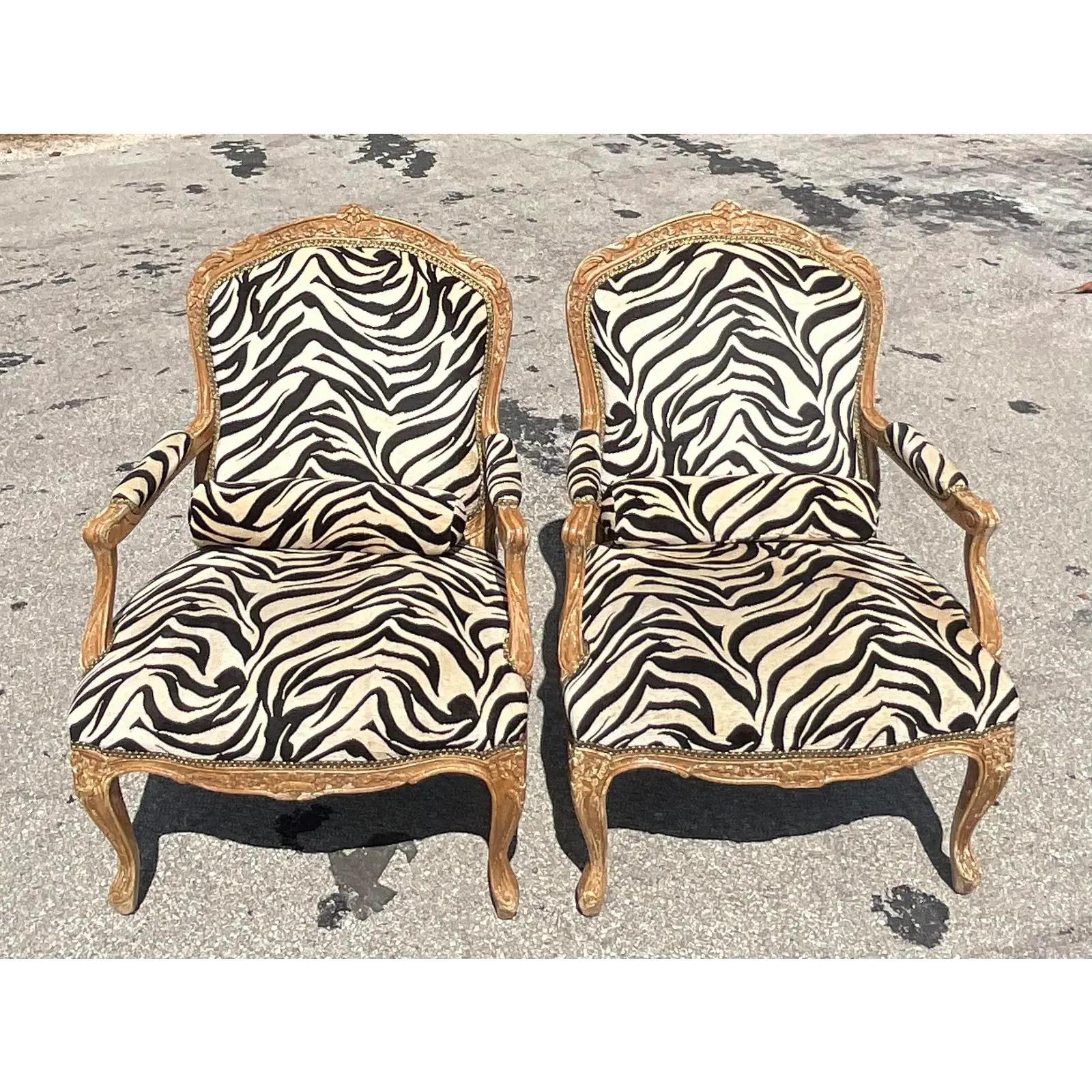 North American Vintage Regency Printed Zebra Bergere Chairs, a Pair
