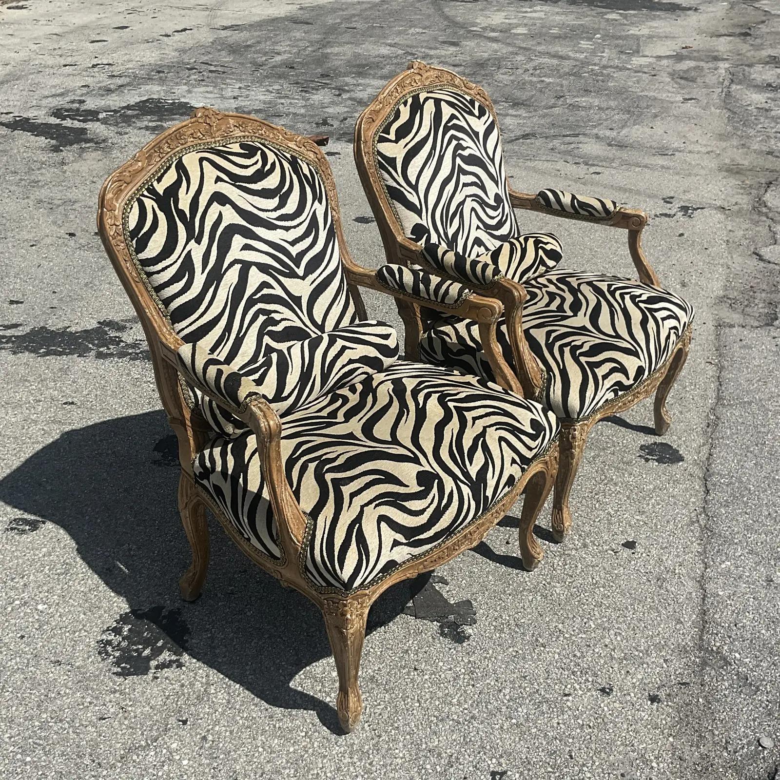 Vintage Regency Printed Zebra Bergere Chairs, a Pair In Good Condition In west palm beach, FL