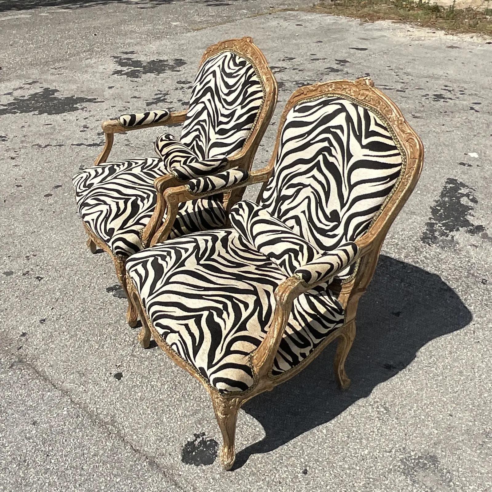 20th Century Vintage Regency Printed Zebra Bergere Chairs, a Pair