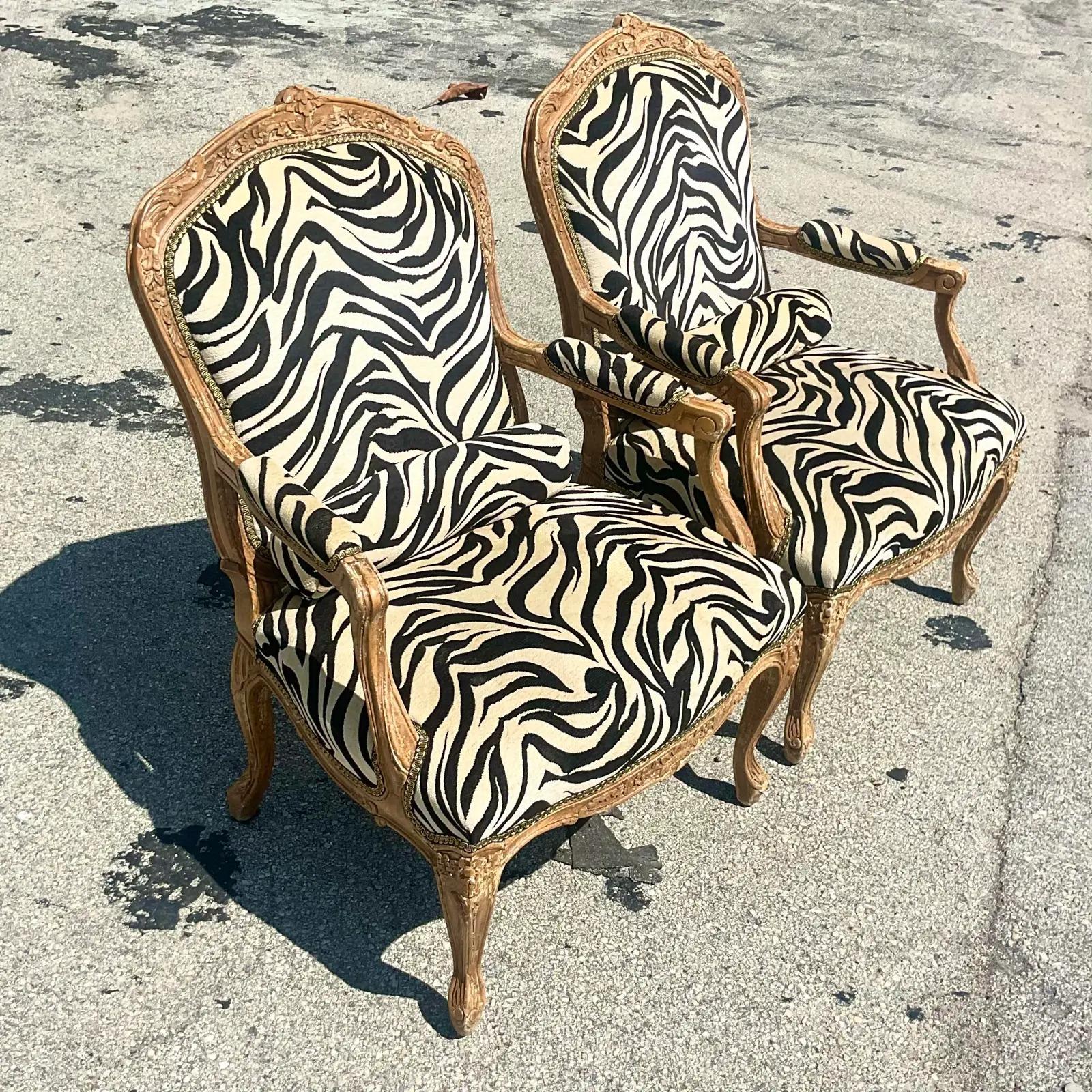 Wood Vintage Regency Printed Zebra Bergere Chairs, a Pair