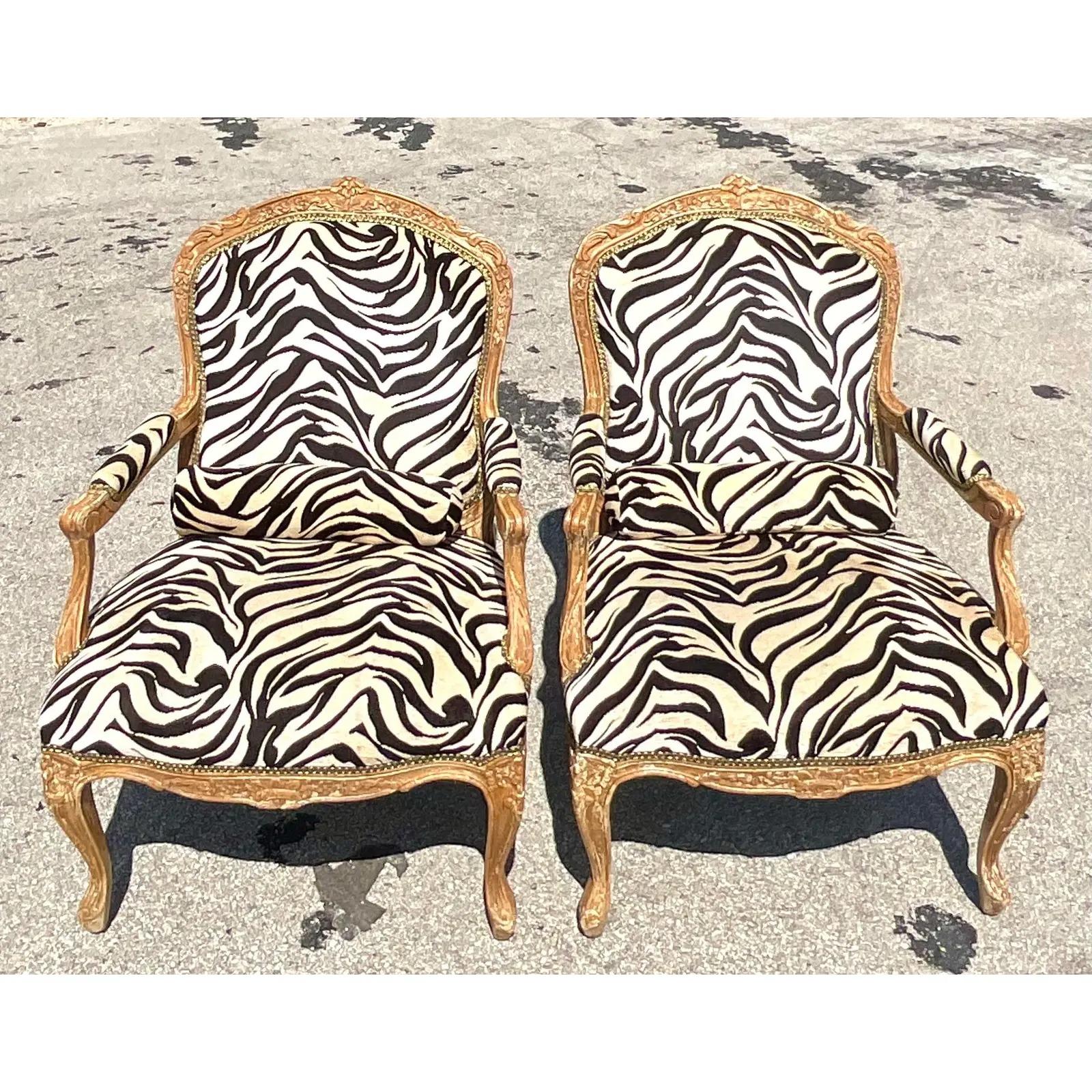 Vintage Regency Printed Zebra Bergere Chairs, a Pair 2