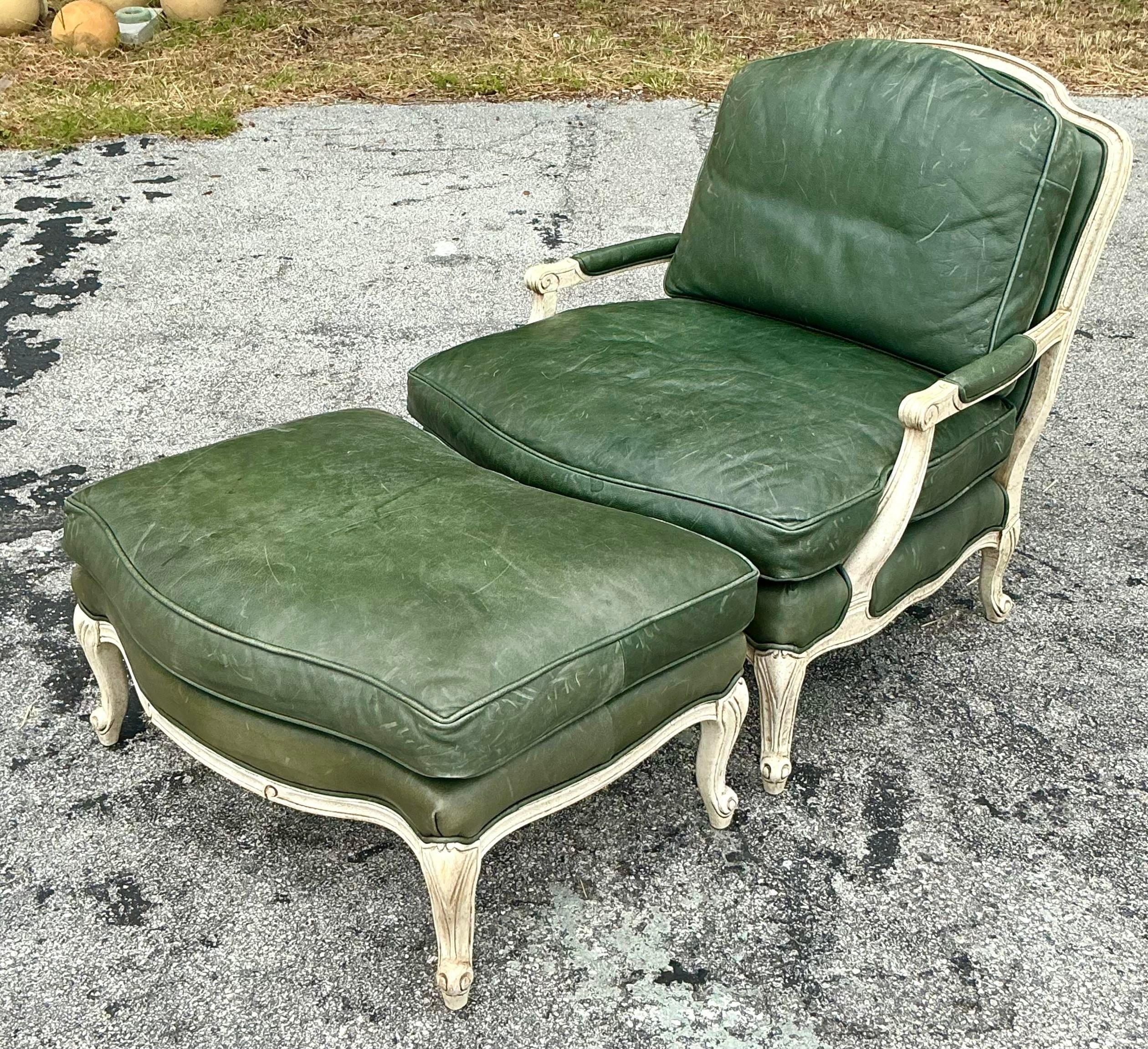 Vintage Regency Provincial Green Leather Lounge Chair and Ottoman In Good Condition For Sale In west palm beach, FL