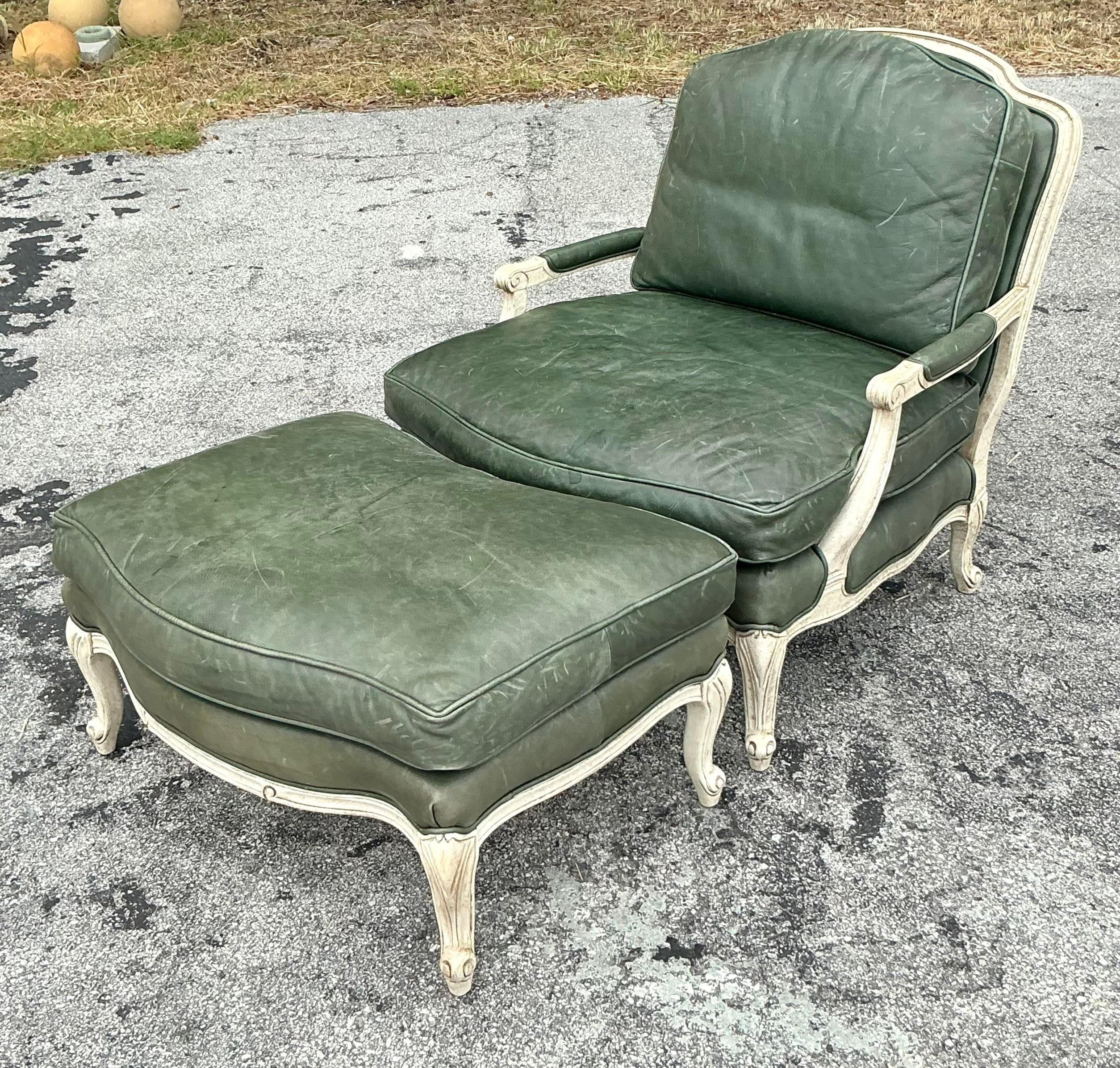 20th Century Vintage Regency Provincial Green Leather Lounge Chair and Ottoman For Sale