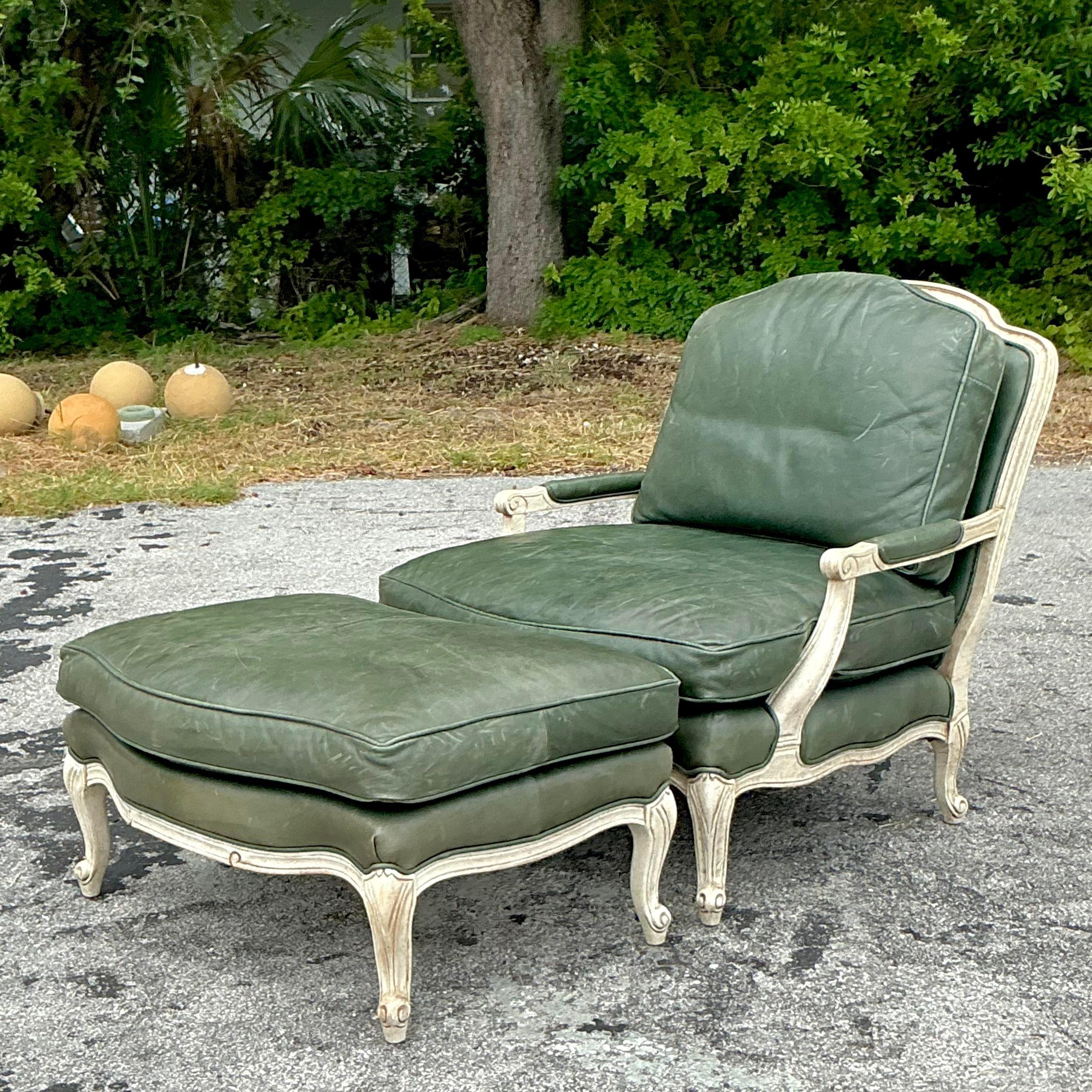 Vintage Regency Provincial Green Leather Lounge Chair and Ottoman For Sale 1