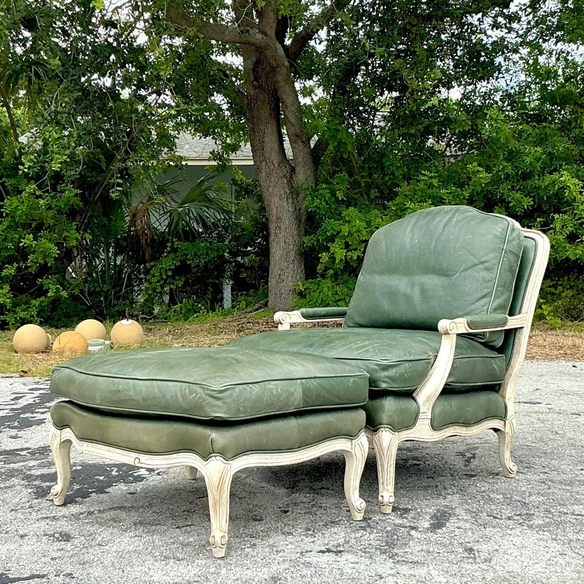 Vintage Regency Provincial Green Leather Lounge Chair and Ottoman For Sale 2