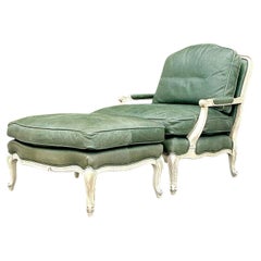 Vintage Regency Provincial Sessel und Ottomane aus grünem Leder