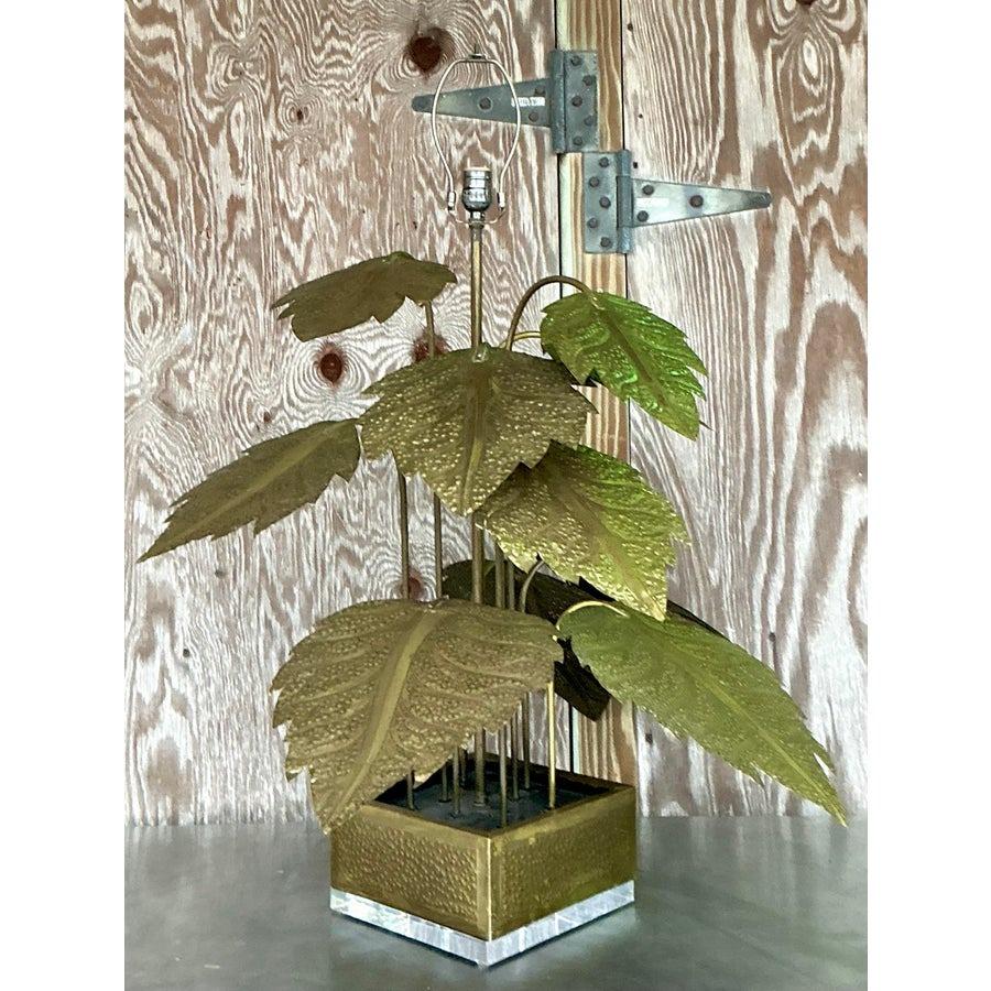 Metal Vintage Regency Punch Cut Brass Leaves Lamp For Sale