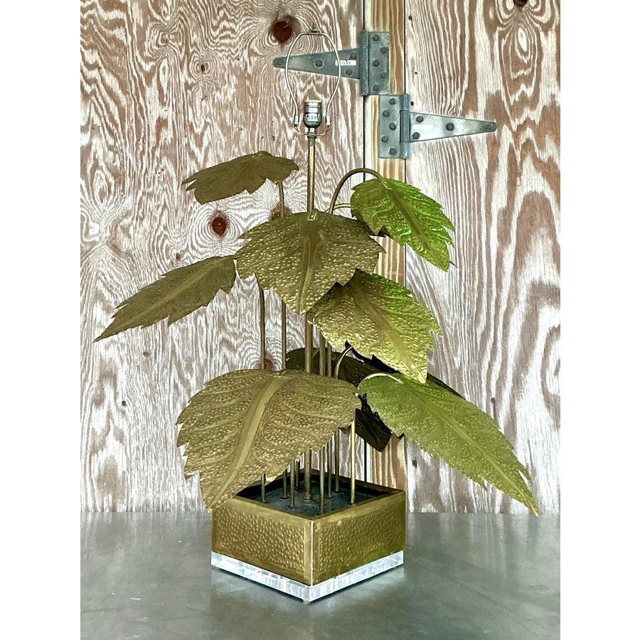 Vintage Regency Punch Cut Brass Leaves Lamp For Sale 1