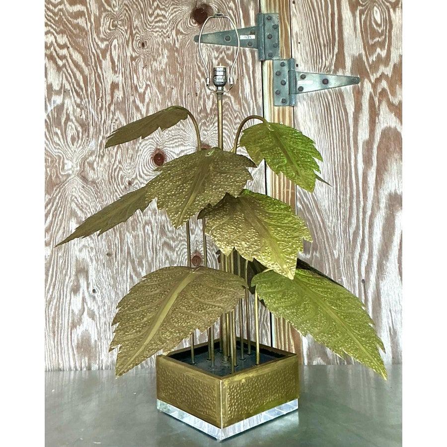 Vintage Regency Punch Cut Brass Leaves Lamp For Sale 2