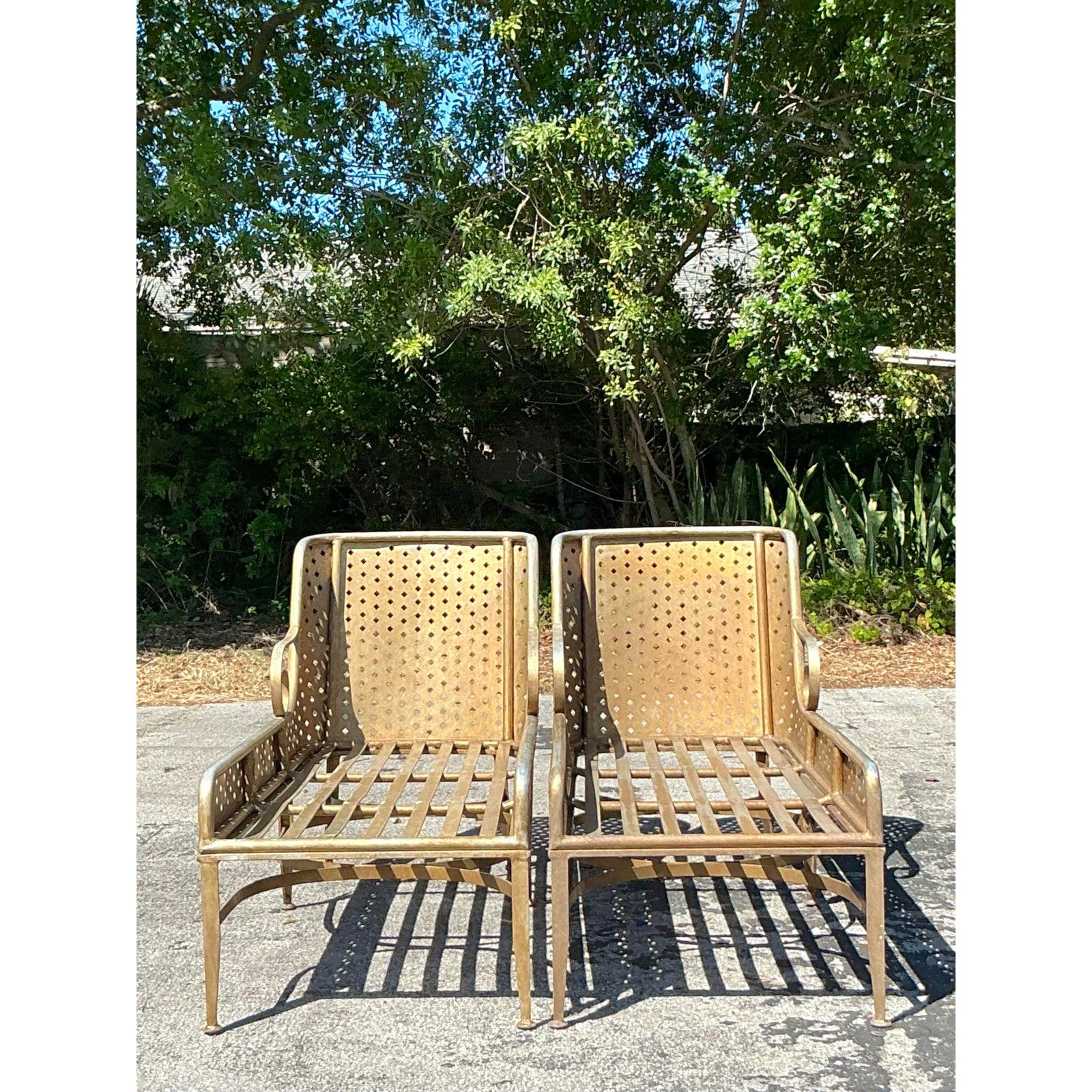 Vintage Regency Punch Cut Diamond Cast Aluminum Chaise Lounge - A Pair In Good Condition For Sale In west palm beach, FL