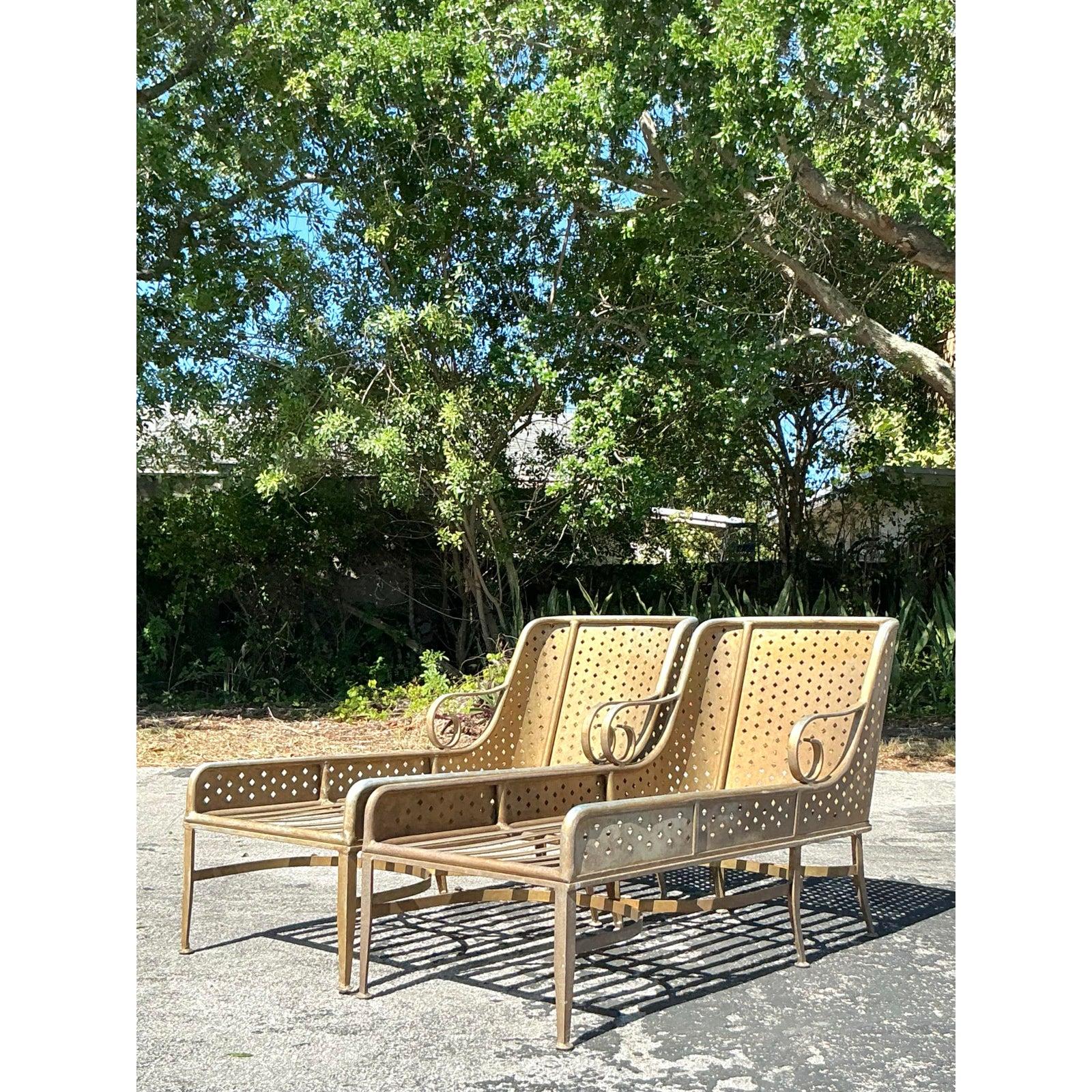 20th Century Vintage Regency Punch Cut Diamond Cast Aluminum Chaise Lounge - A Pair For Sale