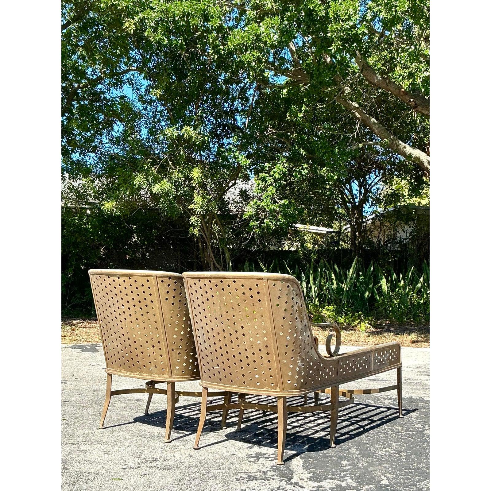 Vintage Regency Punch Cut Diamond Cast Aluminum Chaise Lounge - A Pair For Sale 1