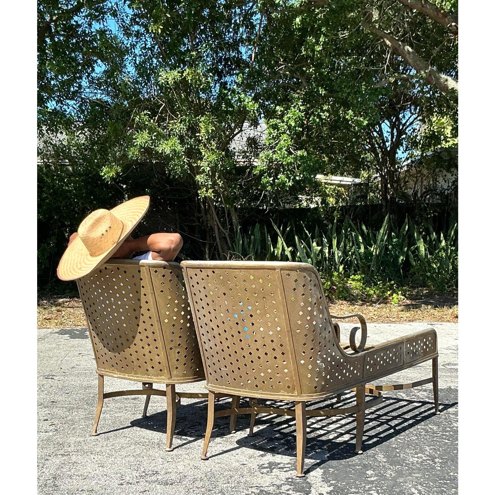 Vintage Regency Punch Cut Diamond Cast Aluminum Chaise Lounge - A Pair For Sale 2