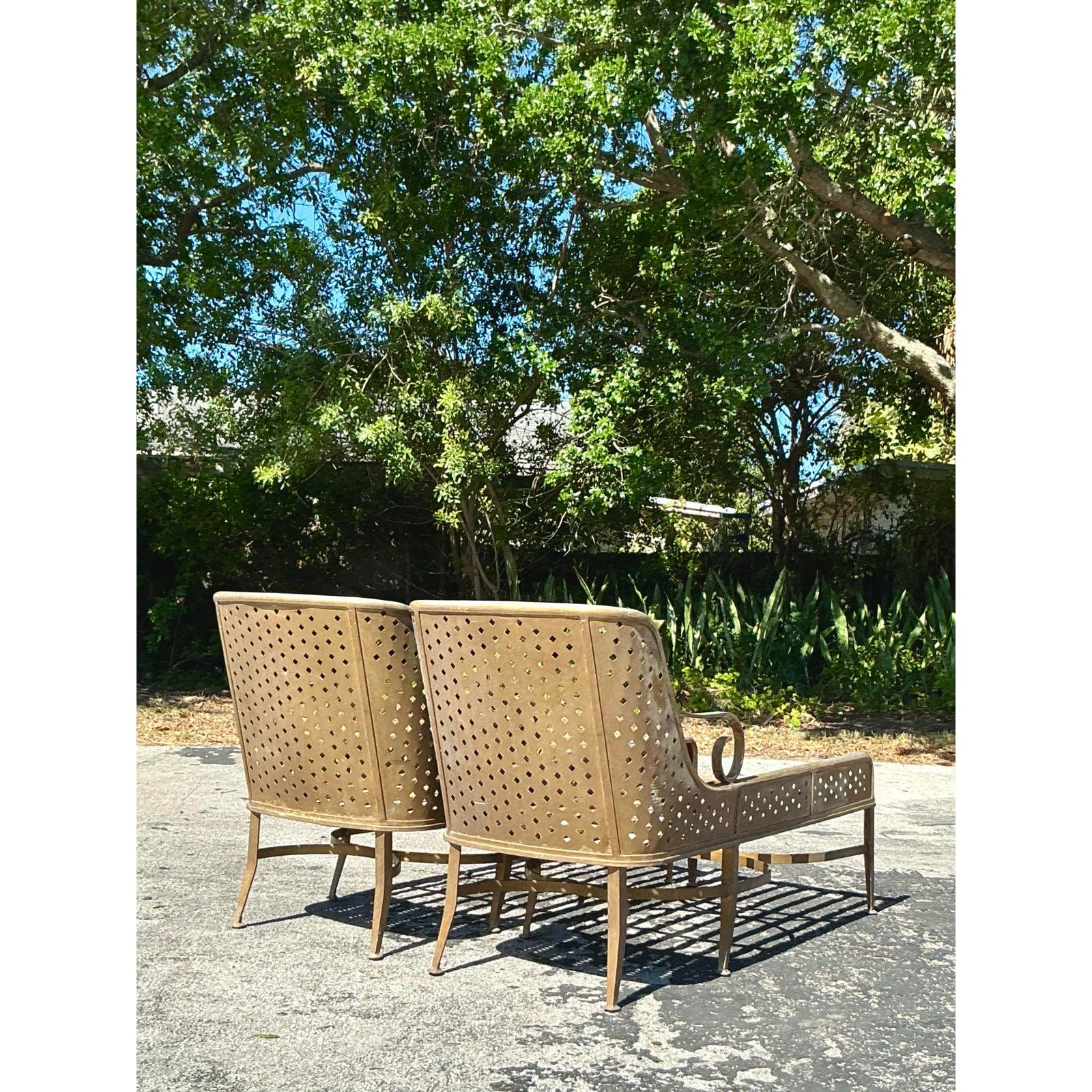 Vintage Regency Punch Cut Diamond Cast Aluminum Chaise Lounge - A Pair For Sale 3