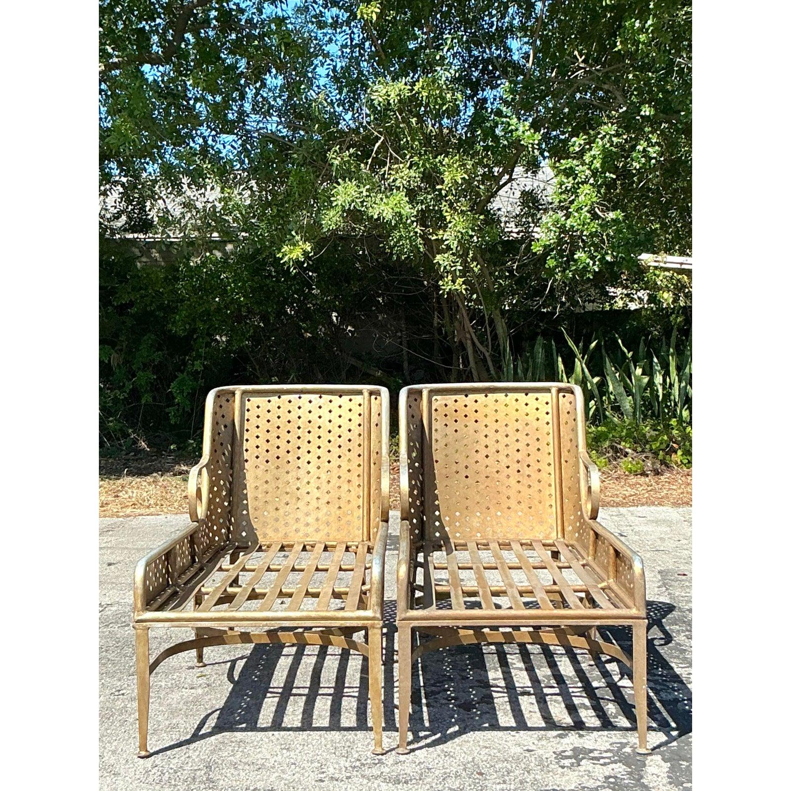 Vintage Regency Punch Cut Diamond Cast Aluminum Chaise Lounge - A Pair For Sale 4