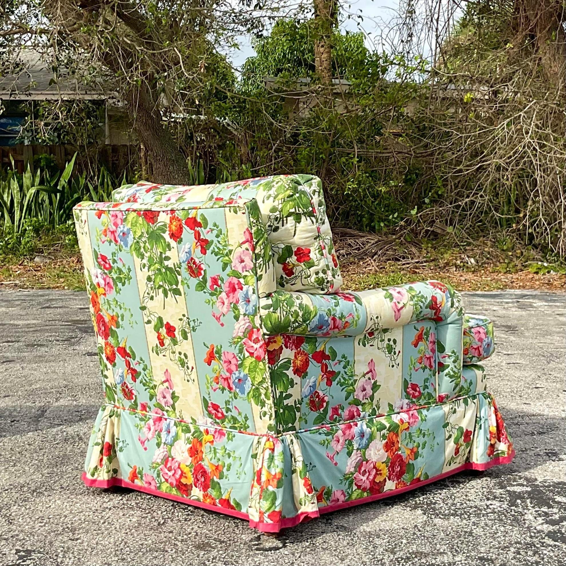 Vintage Regency Quilted Floral Club Chair In Good Condition For Sale In west palm beach, FL