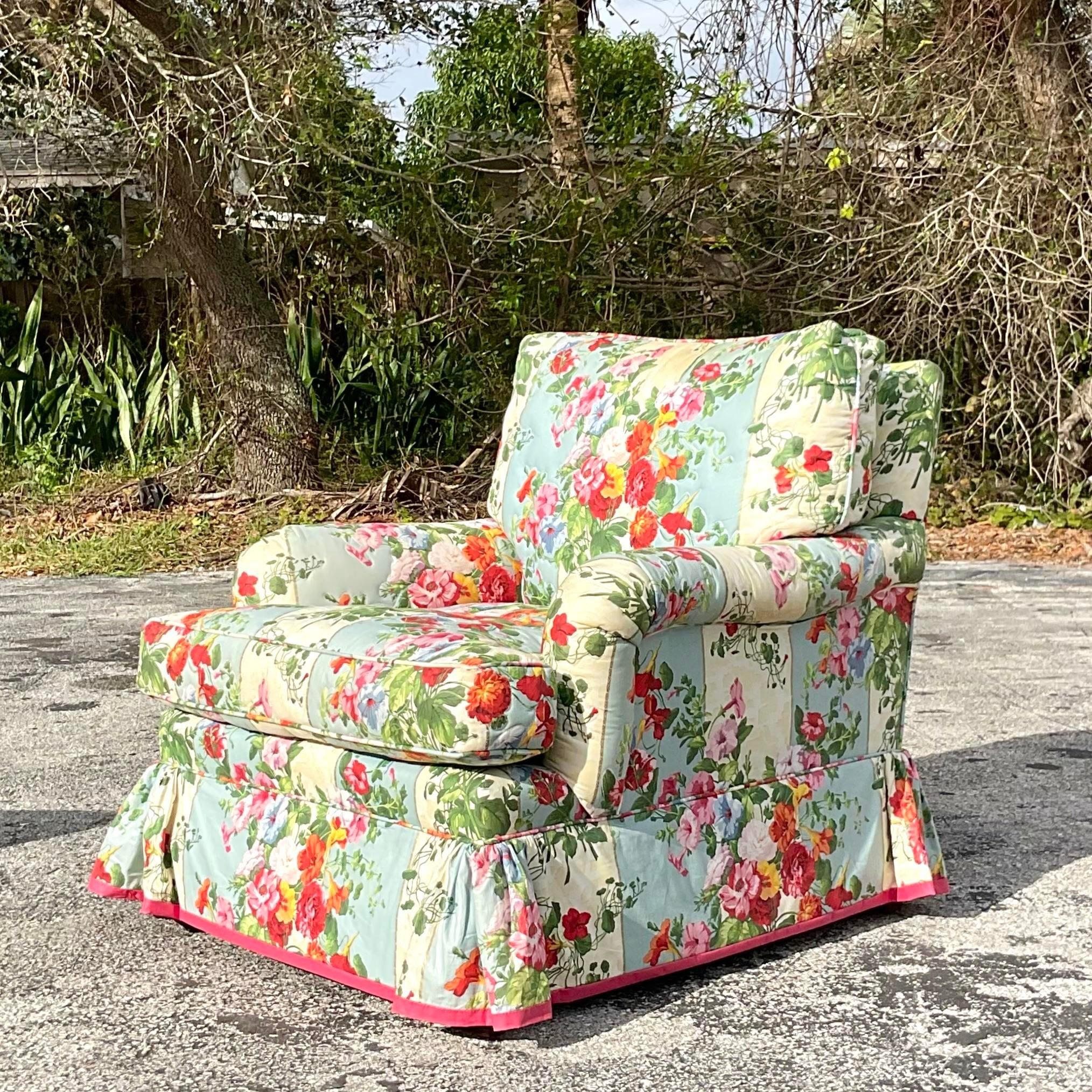 20th Century Vintage Regency Quilted Floral Club Chair For Sale