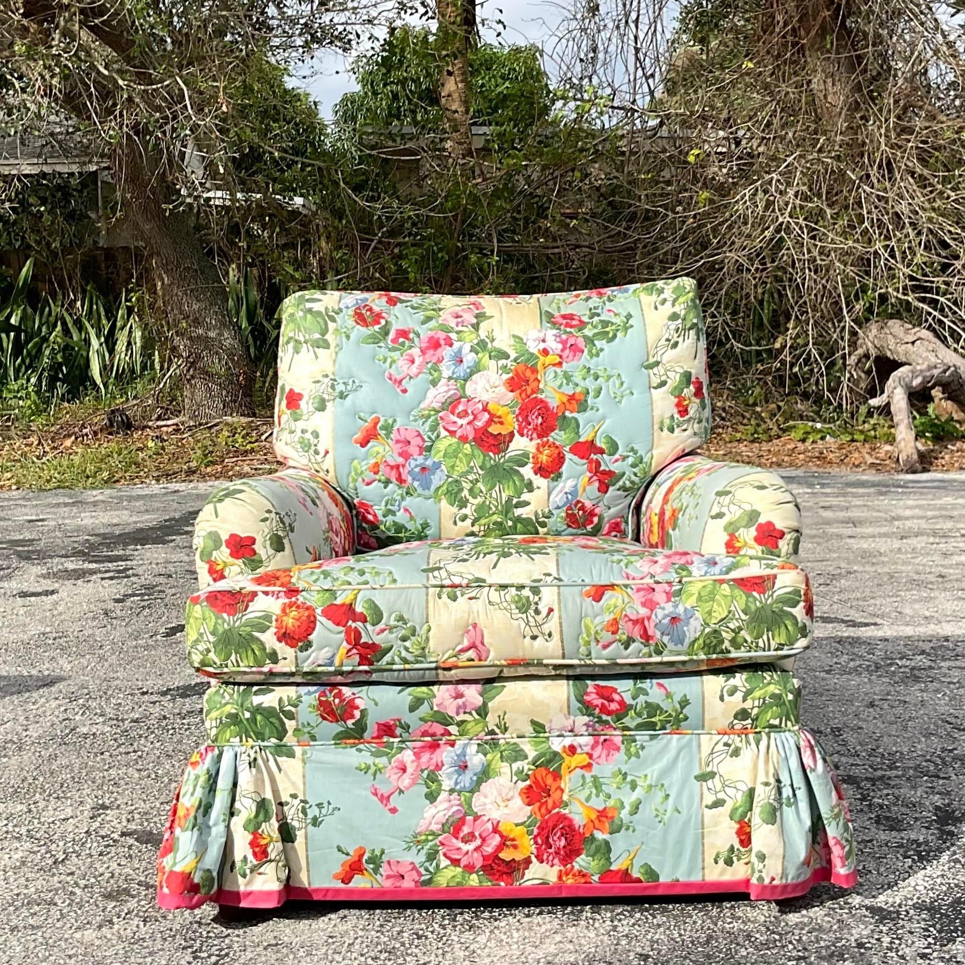 Cotton Vintage Regency Quilted Floral Club Chair For Sale