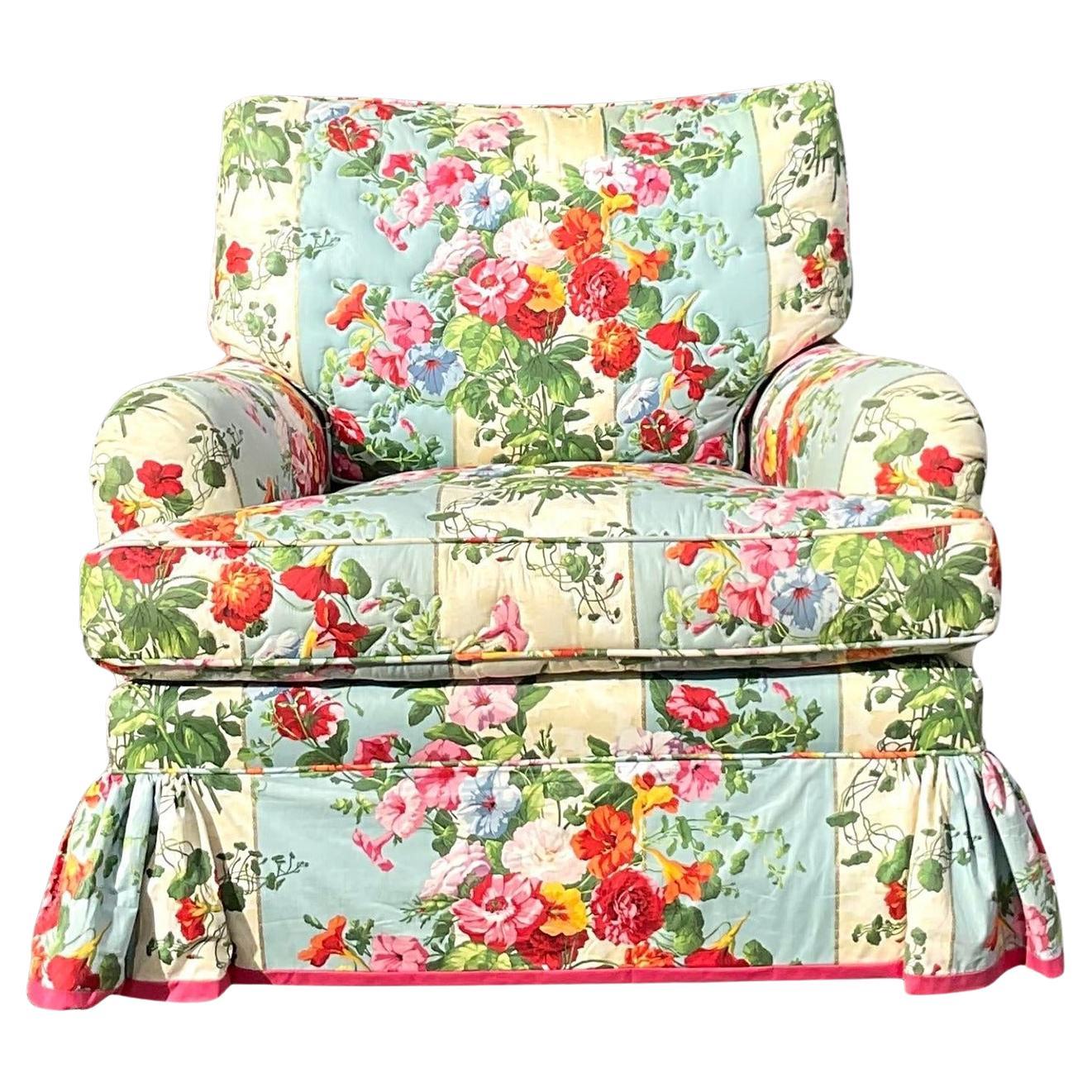 Vintage Regency Quilted Floral Club Chair For Sale