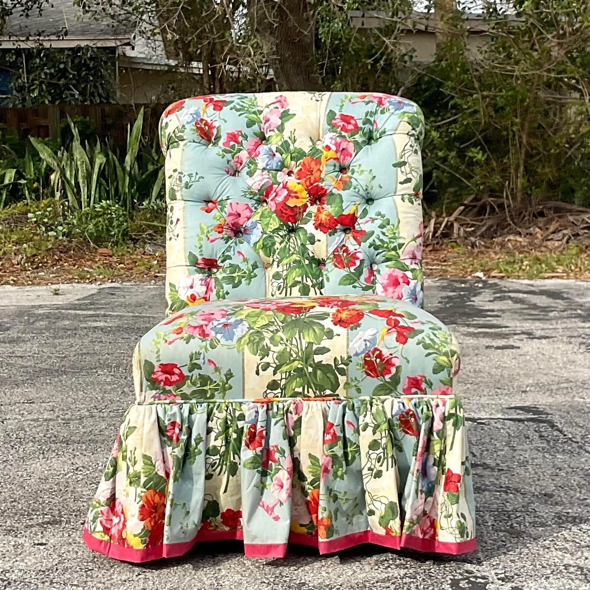 Vintage Regency Quilted Floral Slipper Chair In Good Condition In west palm beach, FL