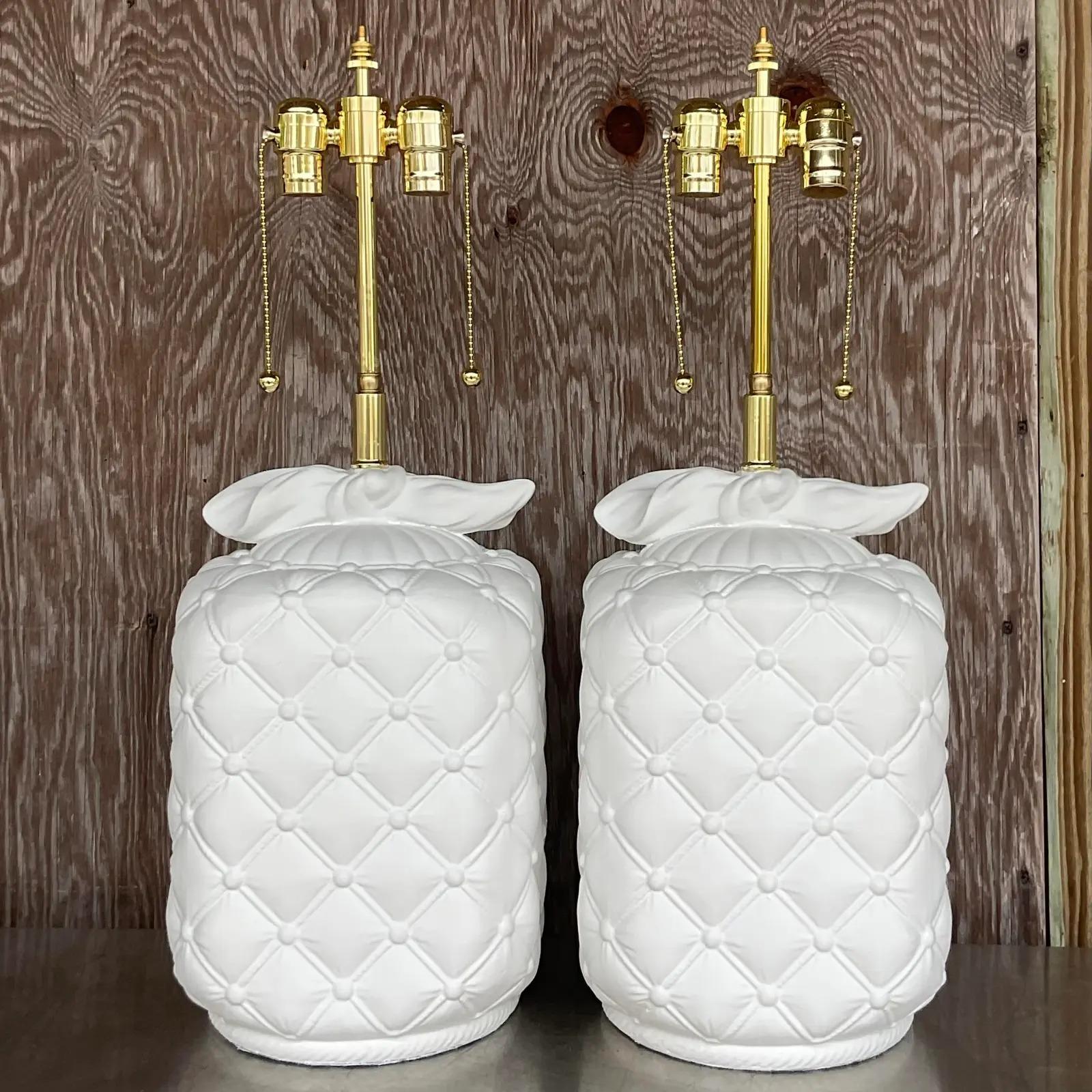 Vintage Regency Quilted Plaster Table Lamps - a Pair In Good Condition For Sale In west palm beach, FL