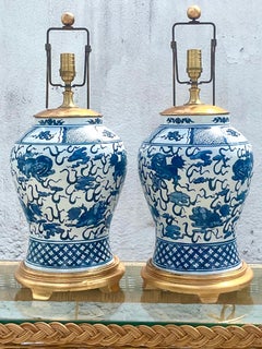 Vintage Regency Ralph Lauren Blue and White Foo Dog Ginger Jar Lamps, a Pair