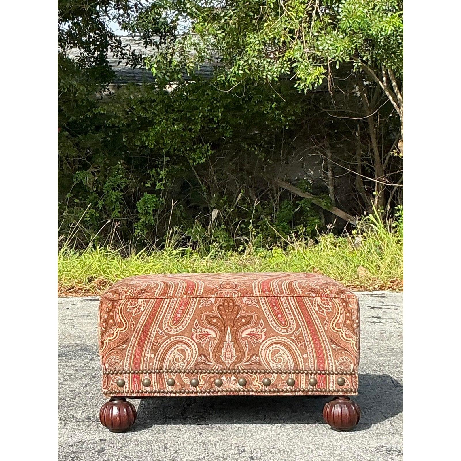 American Vintage Regency Ralph Lauren Paisley Velvet Nailhead Ottoman For Sale