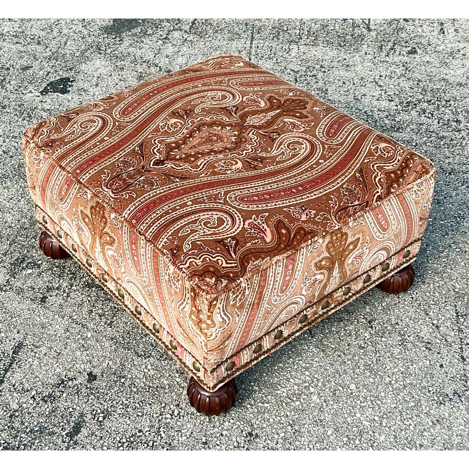 Vintage Regency Ralph Lauren Paisley Velvet Nailhead Ottoman For Sale 2