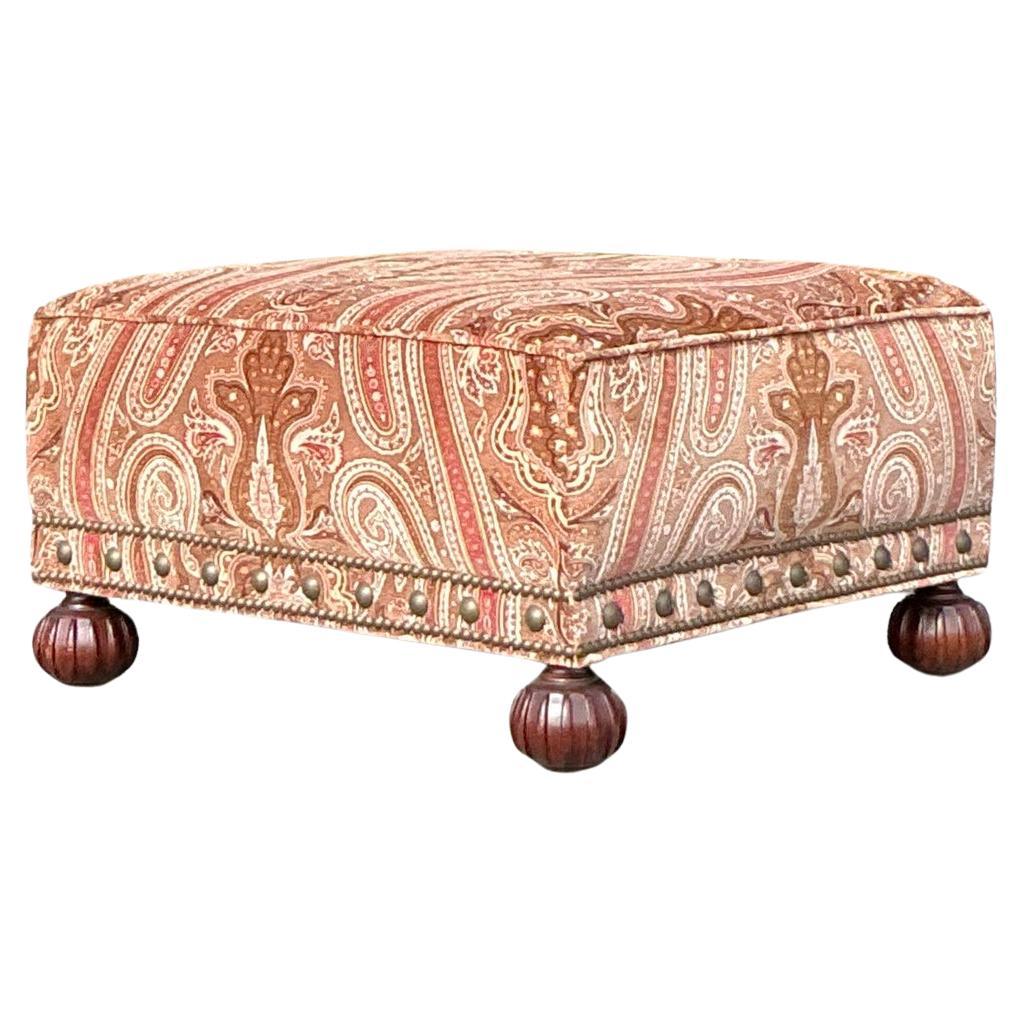 Vintage Regency Ralph Lauren Paisley Velvet Nailhead Ottoman