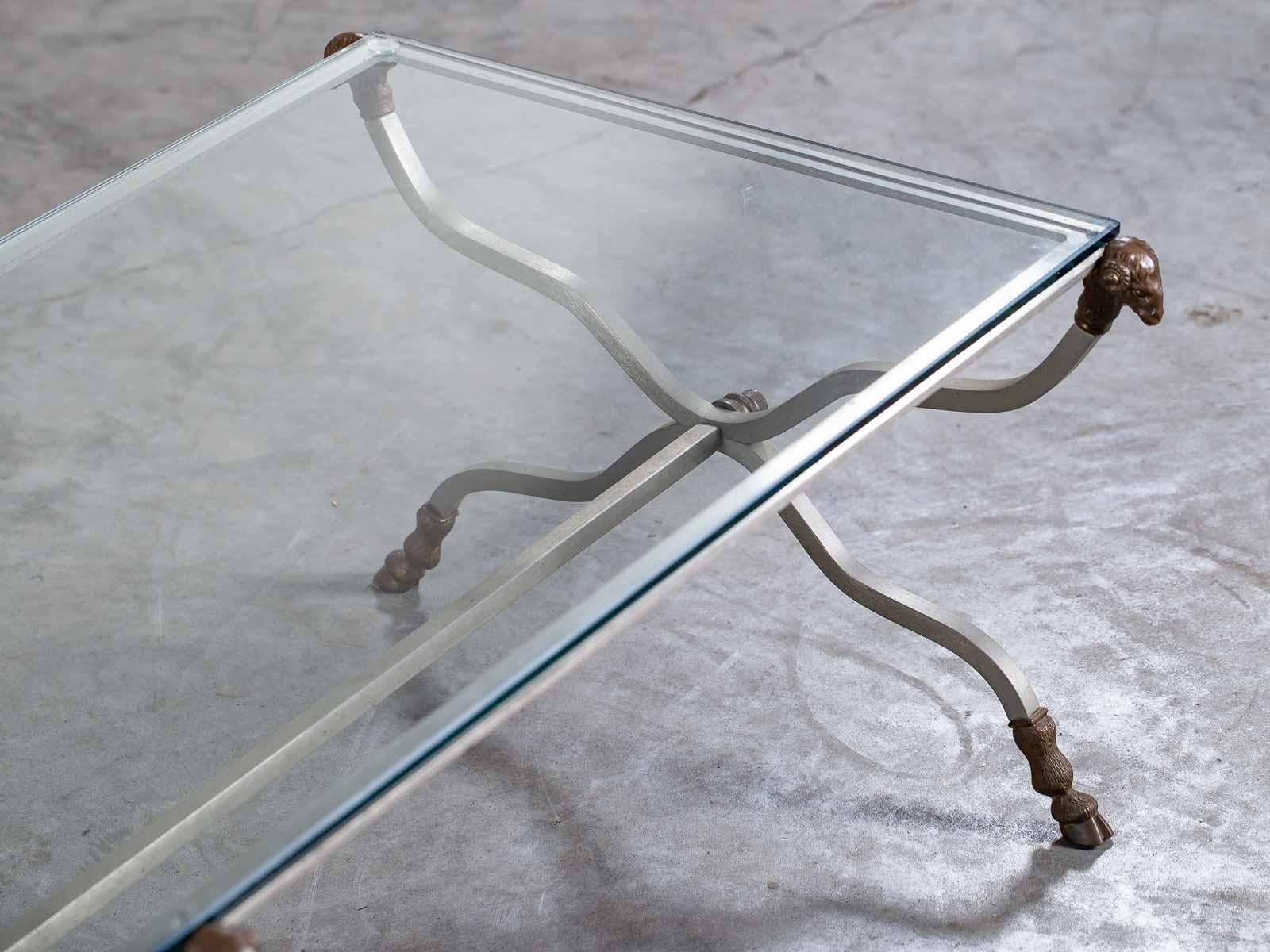 Vintage Regency Ram Head Steel and Brass Coffee Table, France, circa 1950 In Excellent Condition In Houston, TX
