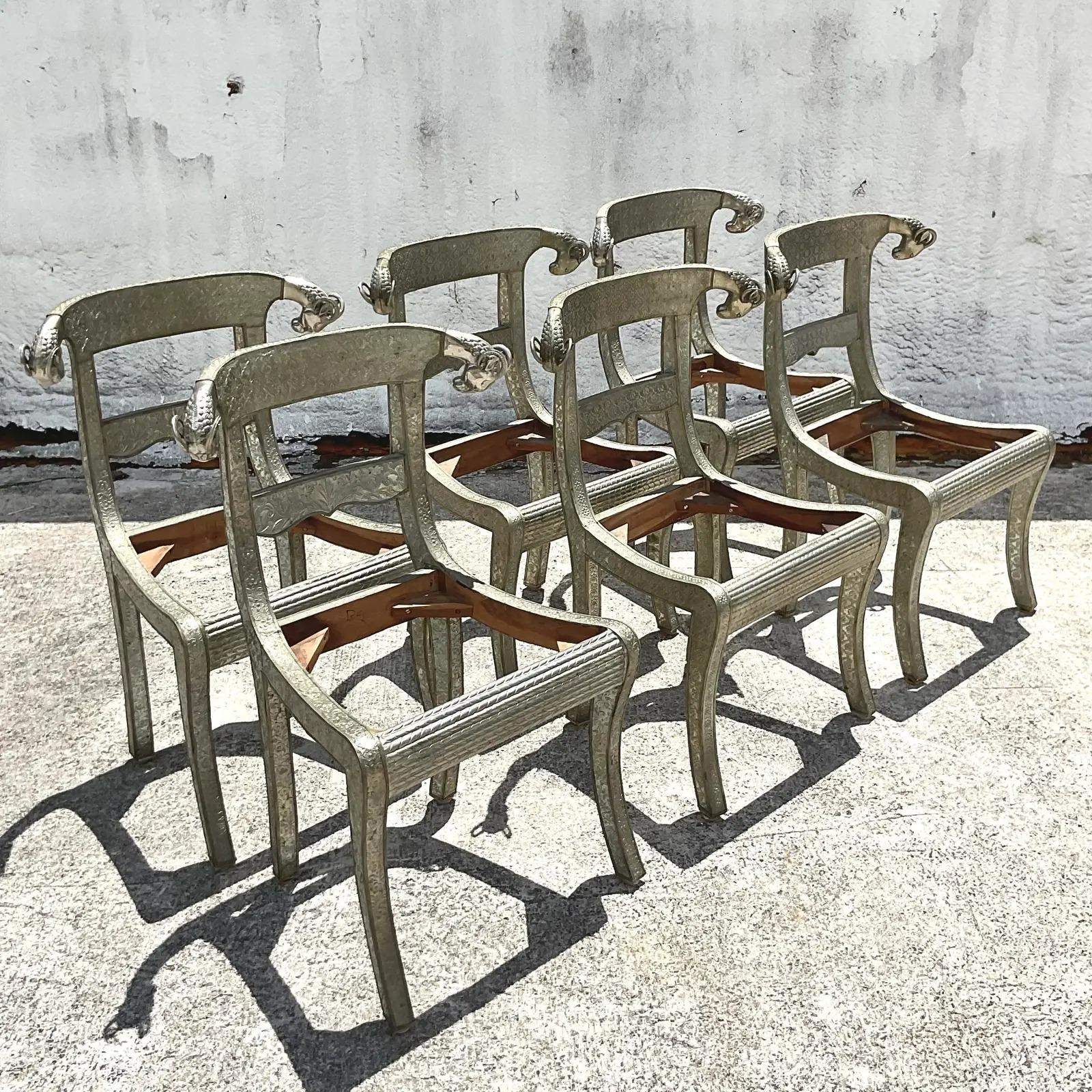 Vintage Regency Ram’s Head Anglo Indian Wedding Chair, Set of Six In Good Condition In west palm beach, FL