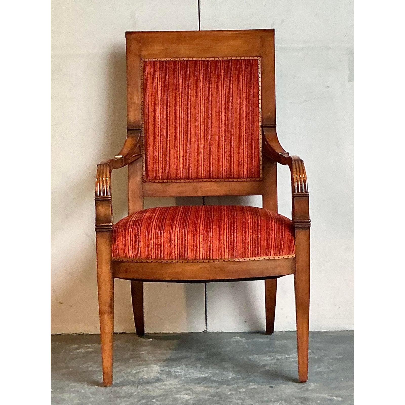 Neoclassical Vintage Regency Red Striated Empire Arm Chair For Sale