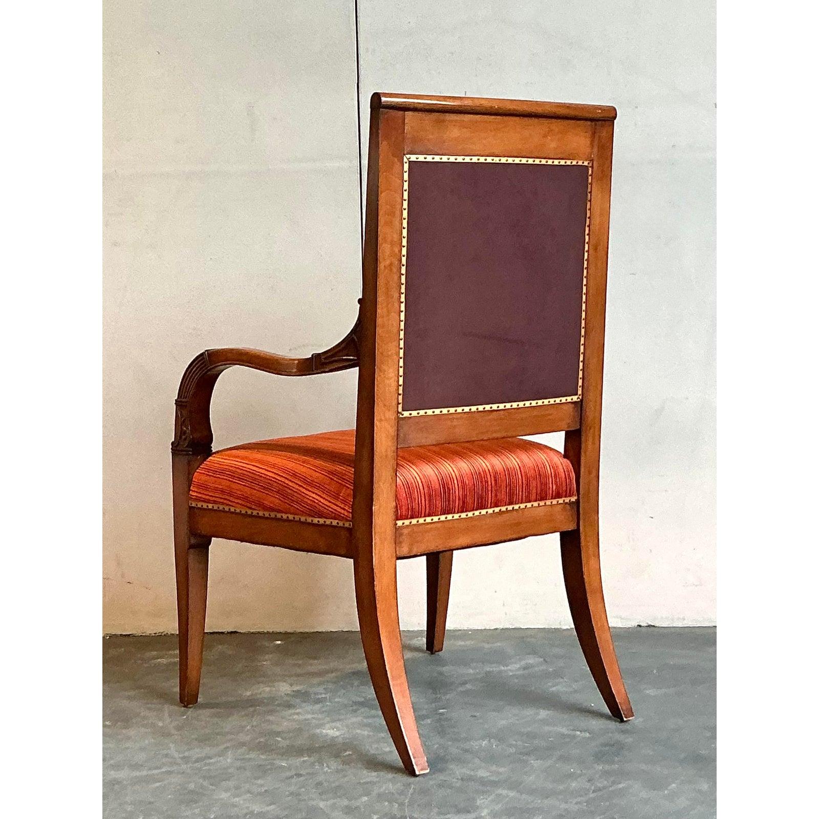 Leather Vintage Regency Red Striated Empire Arm Chair For Sale