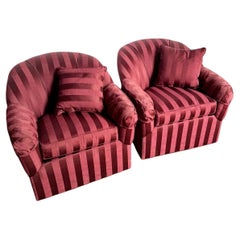 Vintage Regency Red Striped Swivel Lounge Chairs by Ethan Allen - A Pair