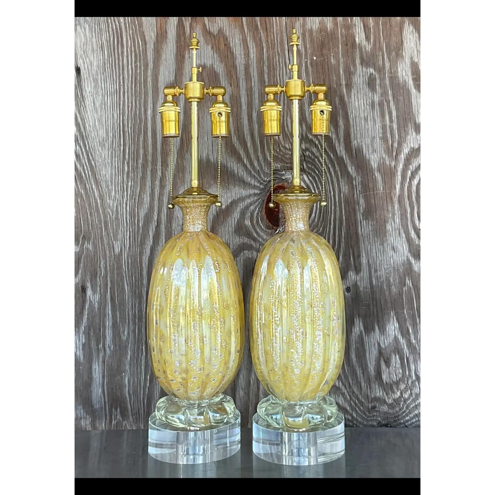 Vintage Regency Restored Italian Murano Glass Lamps - a Pair In Good Condition In west palm beach, FL