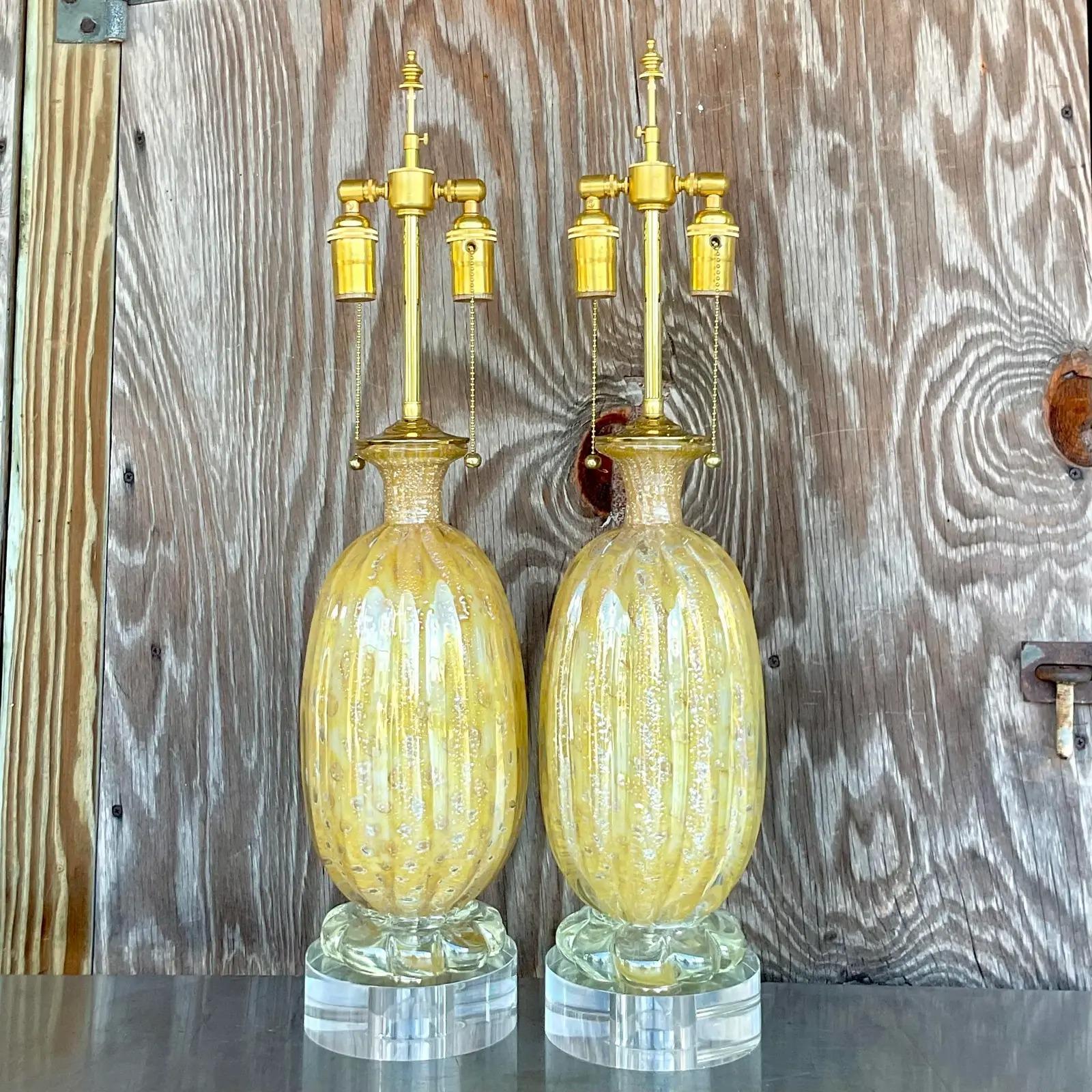 20th Century Vintage Regency Restored Italian Murano Glass Lamps - a Pair