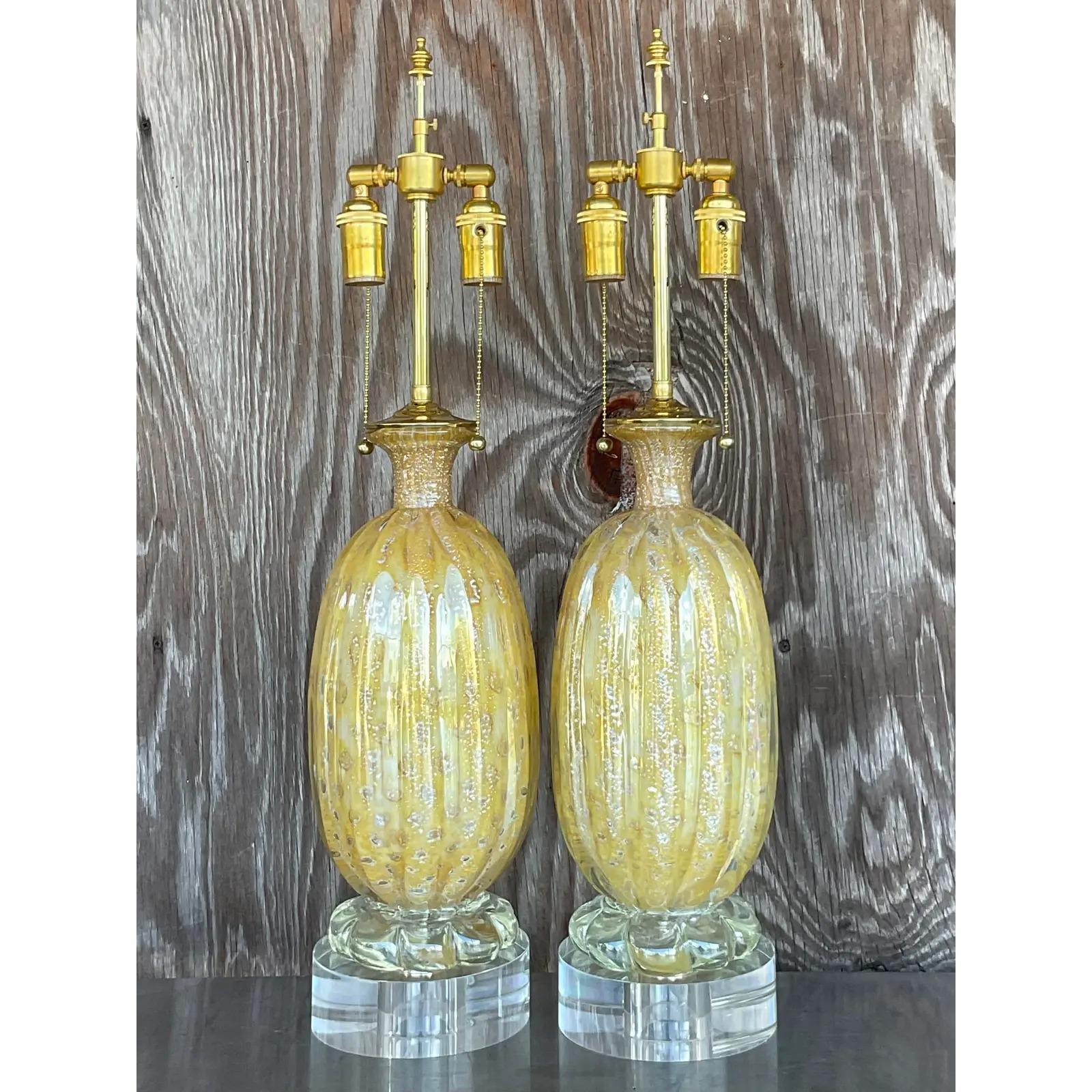 Brass Vintage Regency Restored Italian Murano Glass Lamps - a Pair